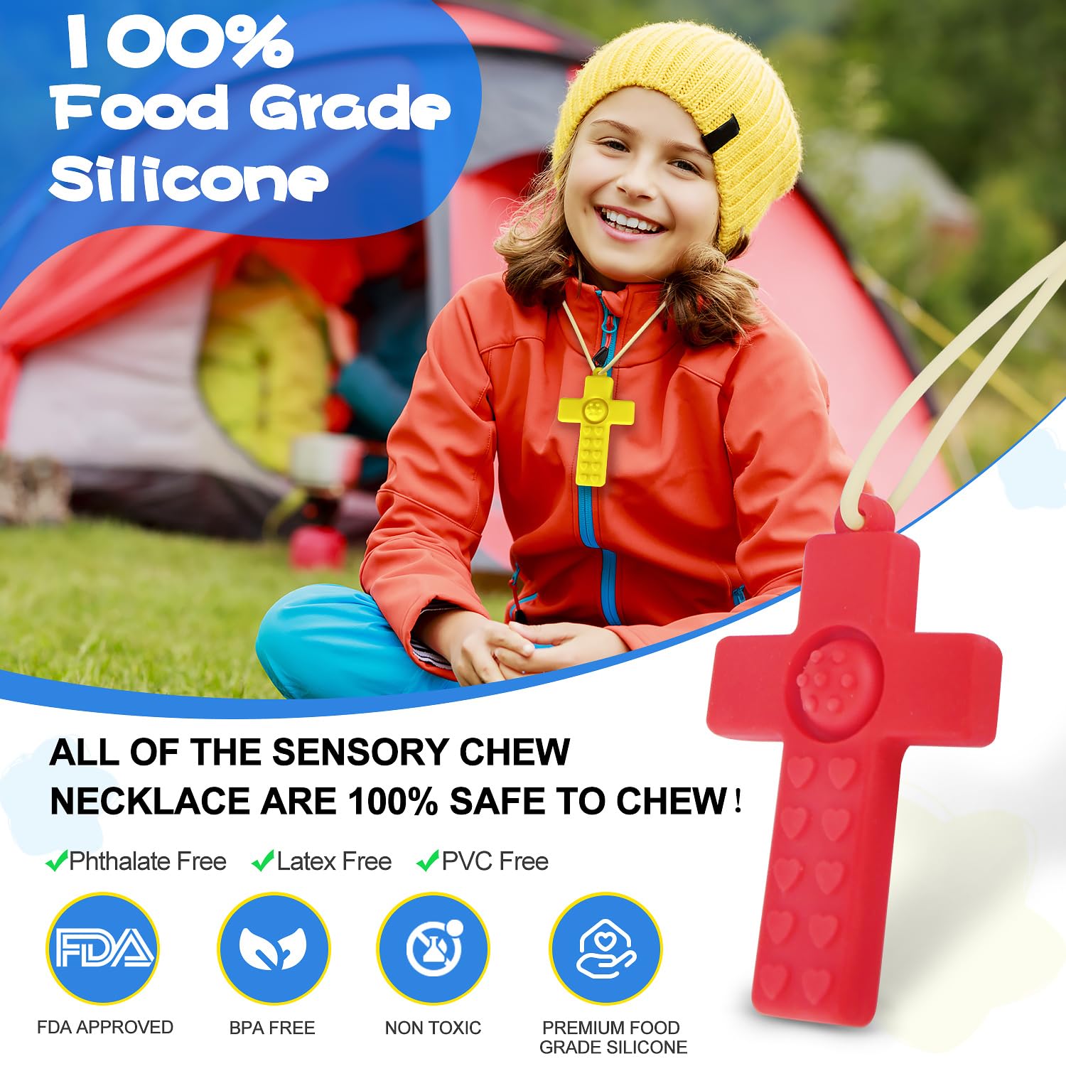 Chew Necklace Olele,3Pcs Silicone Sensory Chew Necklace Bundle for Kids with Teething, ADHD, Autism, Biting Needs, Oral Motor Chewy Teether for Boys,Girls, Perfect Gifts
