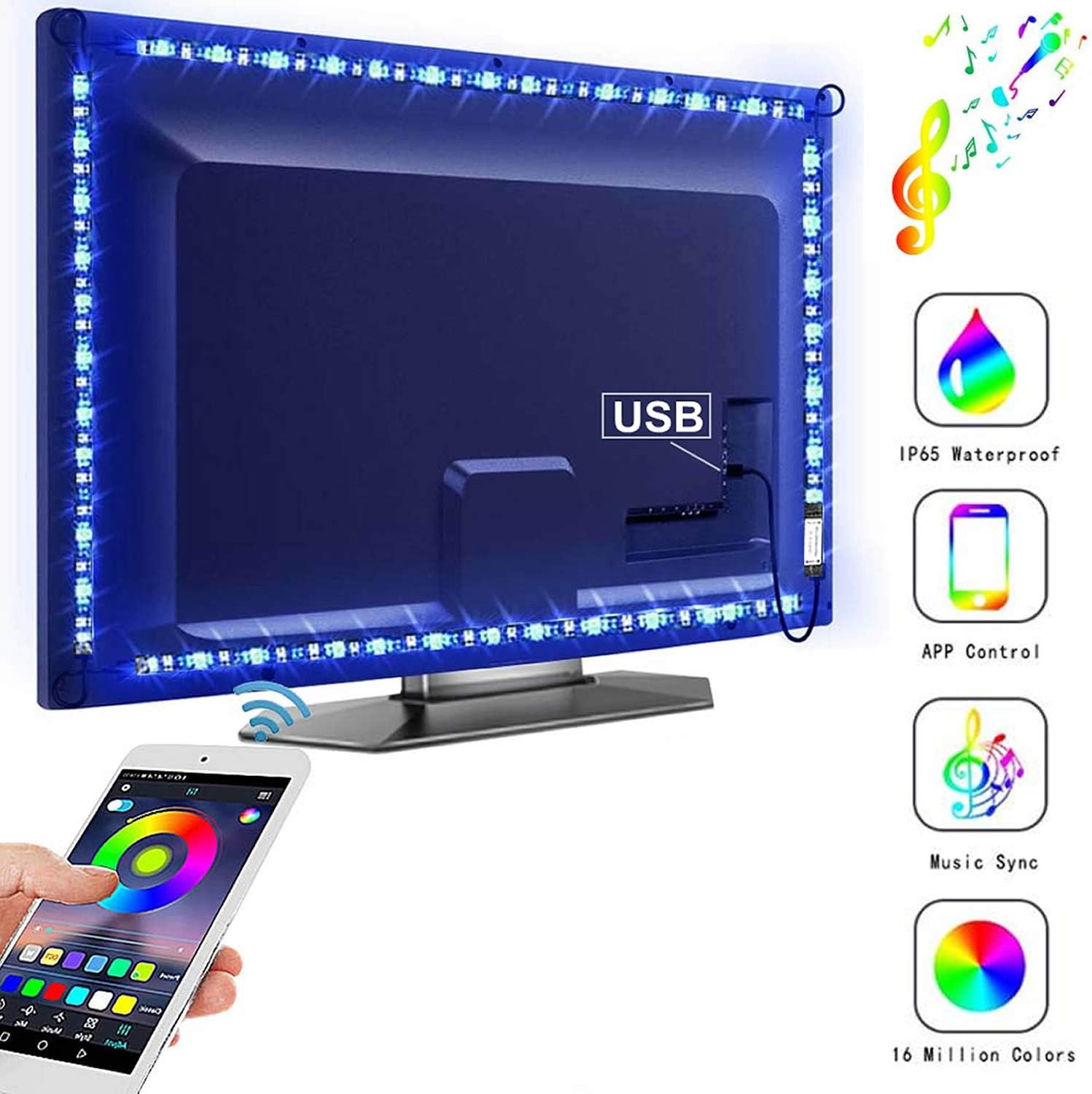 TV Backlights USB Light Strip Kit, Gskeys LED TV Backlights for 32 to 43 inch HDTV, Smart Color Changing Rope Lights with App Sync to Music Voice Control for Android and iOS