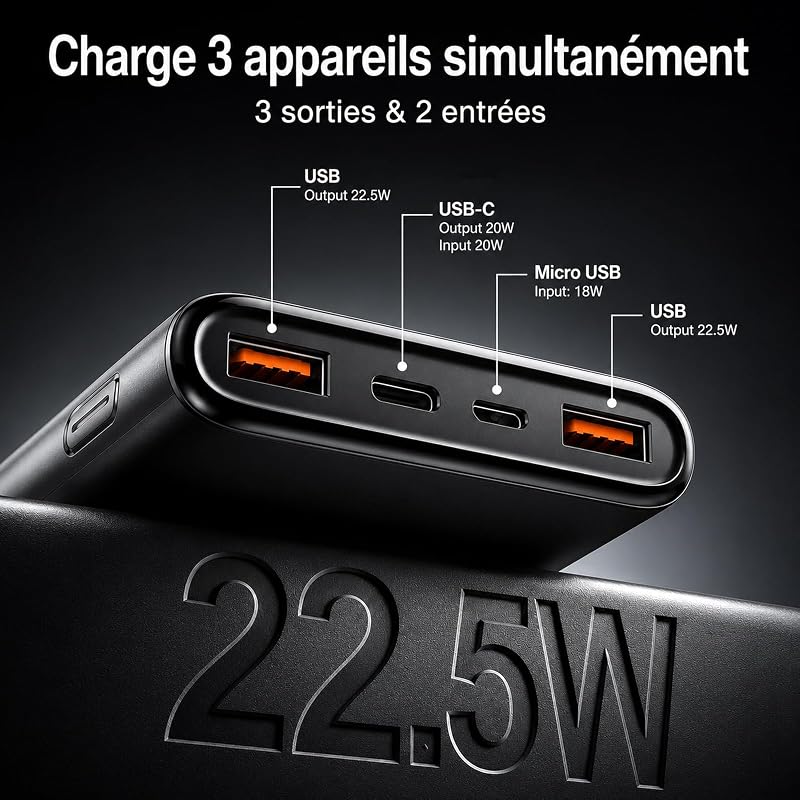 2026 Batterie Externe, 10000mAh 22.5W Power Bank, Batterie Portable USB C Input & Output PD3.0 QC4.0,Charge Rapide Powerbank à Affichage LED pour iPhone Samsung et Autres téléphone（Noir） — photo 3 sur 7
