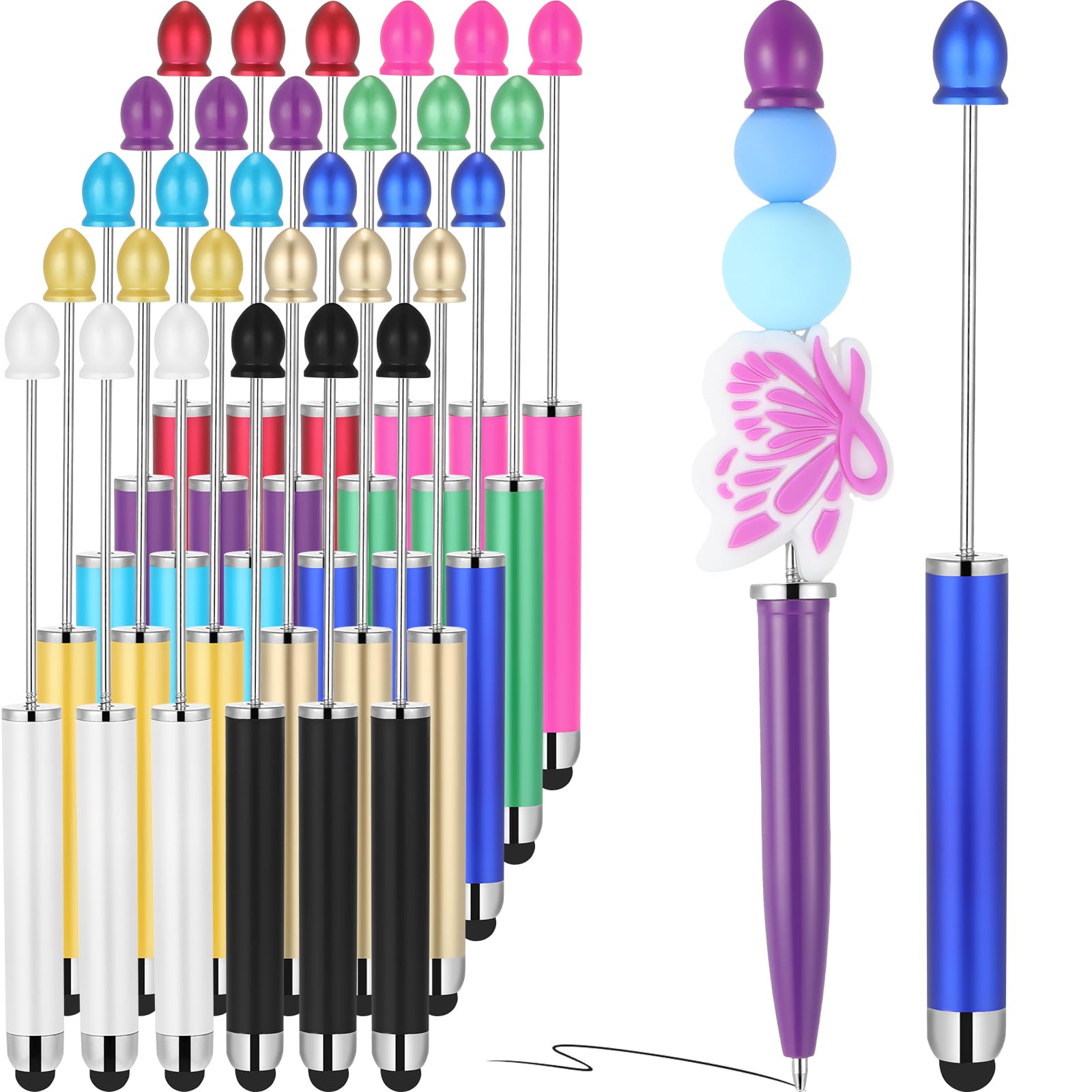 Photo 1 of Qilery 30 Pcs Beaded Pens with Stylus Tips Plastic Beaded DIY Stylus 2-in-1 for Rubber Touch Screen Handwriting Ballpoint Pen 1.0mm, Black Ink, Office Supplies(Colorful)