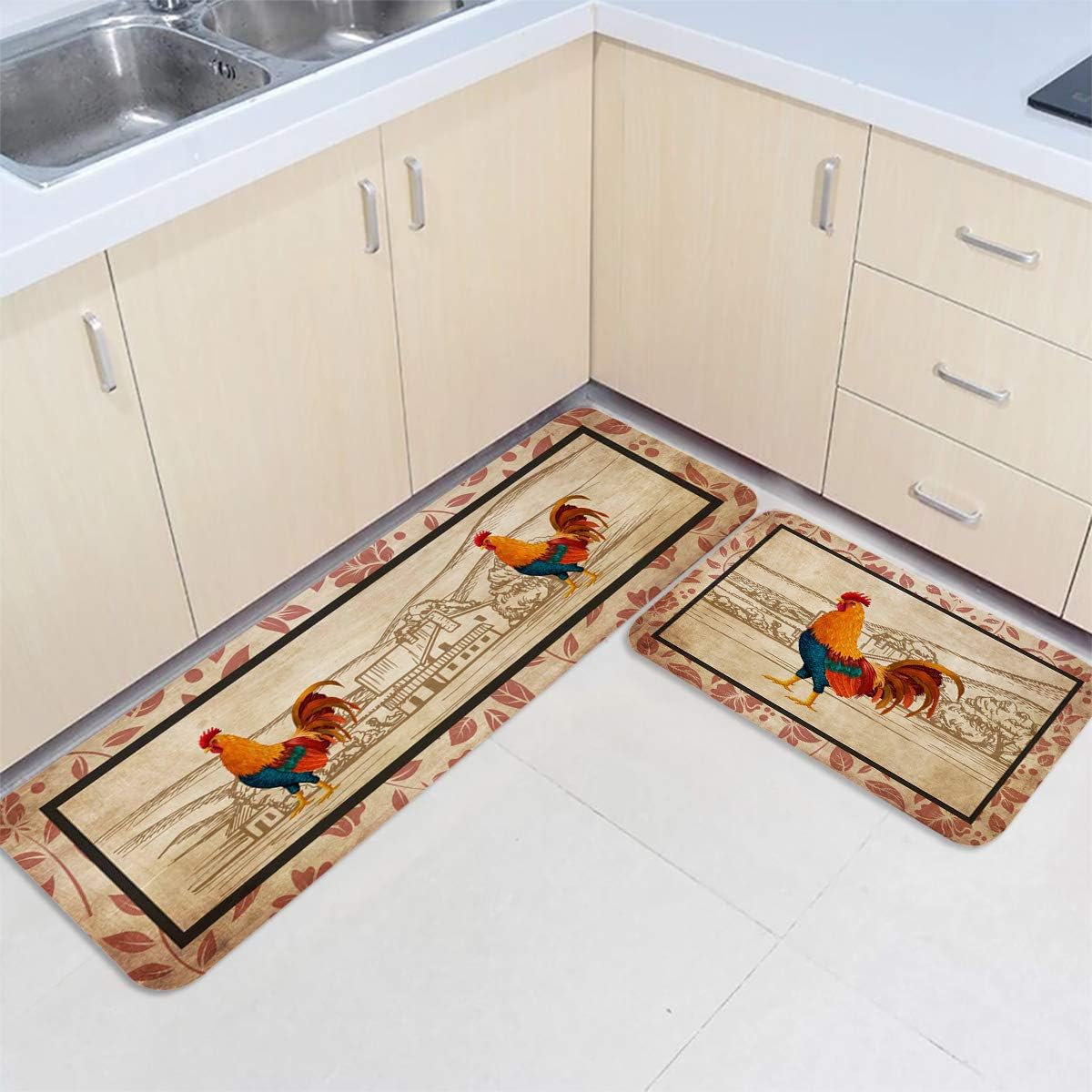 Farm Animal Rooster Anti Fatigue Kitchen Rug Set 2 Pieces