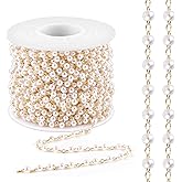 Lainballow 49Ft 3mm Pearl Beads Chain Faux Pearl Beads for Crafts Pearls Garland with Gold Plated Stainless Steel Link Chain Artificial Pearls Chain Trim for Bracelet Necklace Wedding Christmas Party