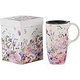 Voltogar Ceramic Mug Travel Coffee Cup with Lid for Home & Office, 17oz. Porcelain Tall Tea Cup with Handle, Pink & White Flower Mug Art Pattern in Color Box, 6.5" H