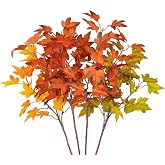 Phliofd 4Pcs Artificial Maple Leaves Branches 21.6in Fake Fall Leaves Stems Plants Outdoor Greenery for Home Kitchen Farmhouse Thanksgiving Table Centerpiece Fireplace Halloween D&eacute;cor Orange