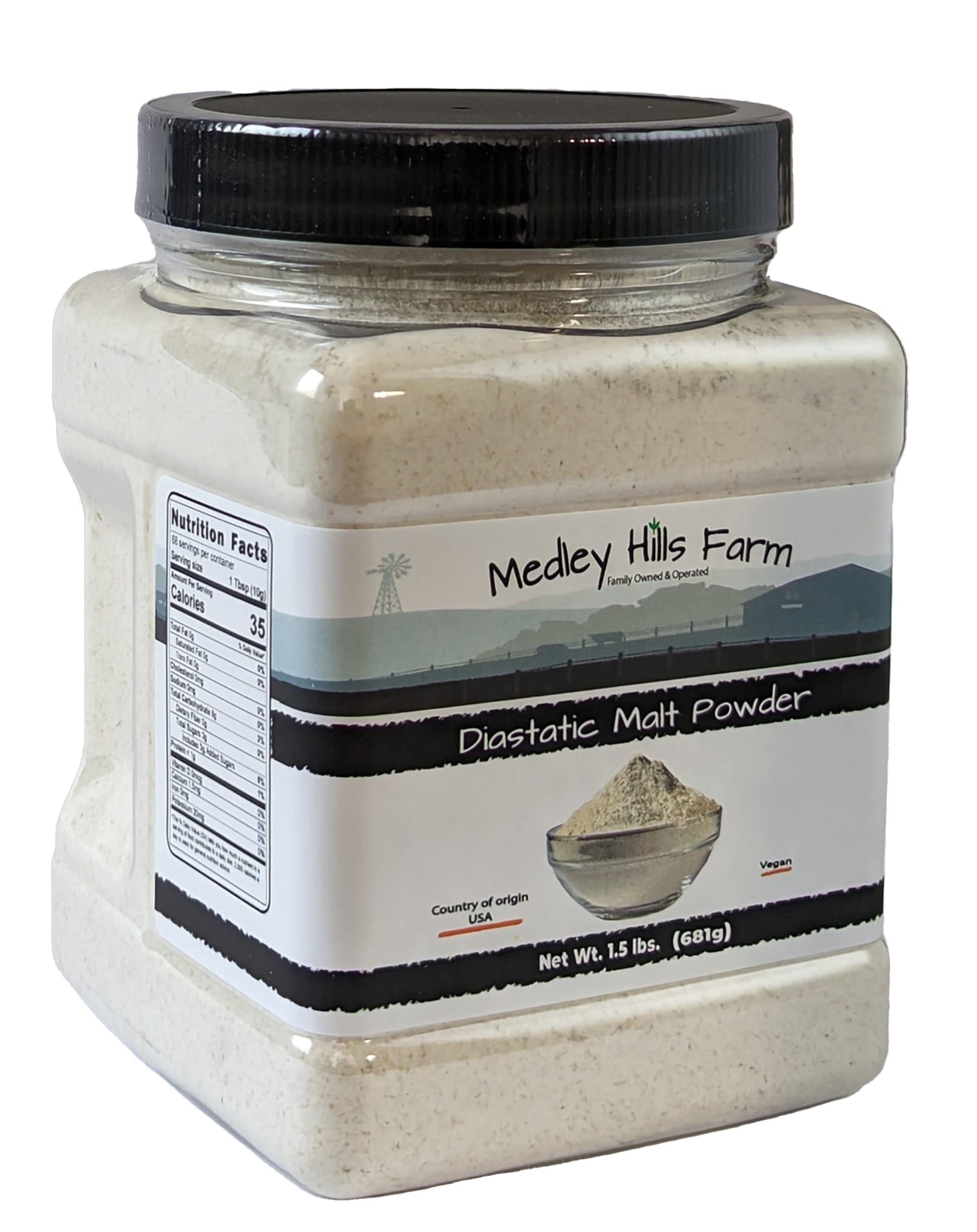 Diastatic Malt Powder by Medley hills farm 1.5 Lbs. in Reusable Container - Great Diastatic malt powder for baking Bread, Pizza Crust, Pretzels, Desserts and Milkshakes. Made in the USA - Vegan
