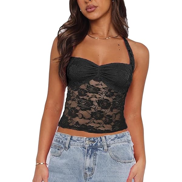 Women Y2k Lace Halter Neck Crop Tops Sexy See Through Going Out