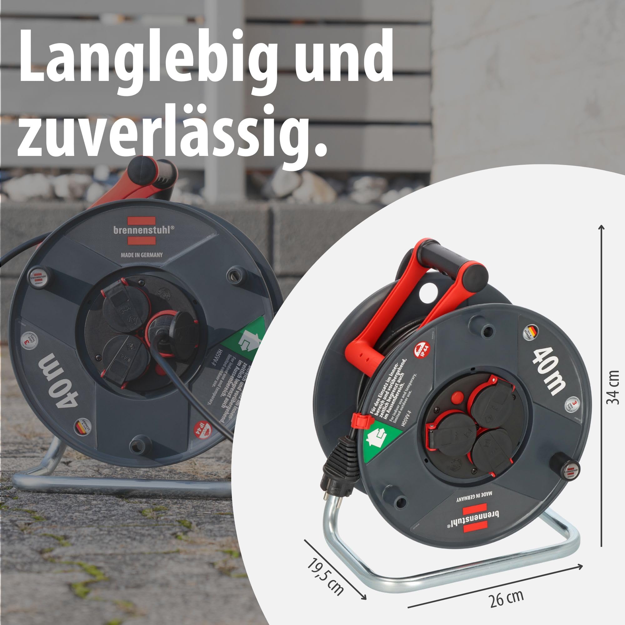 Brennenstuhl Garant V2 IP44 Kabeltrommel 40m outdoor (Made in Germany, 3 Schutzkontakt-Steckdosen, Spezialkunststoff) 7
