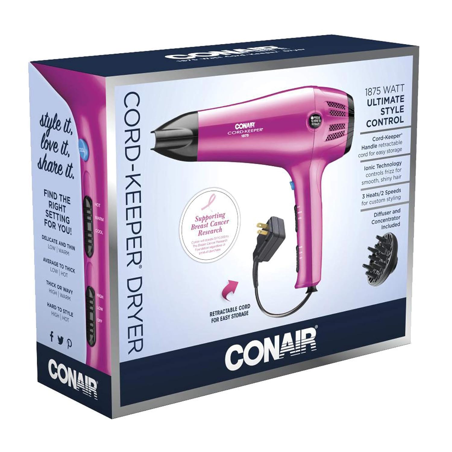 Conair 1875 Watt Cord-Keeper Hair Dryer; Pink: Beauty