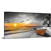 KREATIVE ARTS 24x48in Black and White Beach Sunset Seascape Canvas Prints - Ocean Landscape with Boat Tree Artwork, Natural Scenery Wall Art for Living Room, Bedroom, Office Decor