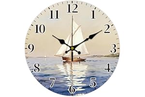 CONCHLERY Sailboat Wall Clock 12 Inch Non-Ticking Clocks Round Wall Hanging Clock Battery Operated for Bedroom Living Room Ki