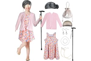 KITIMI Kid 100th Day of School Costume, Old Lady Costume for Girls, 100 Days of School Costume Grandma Granny Wig Accessories Outfit