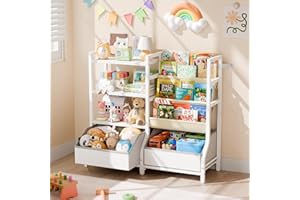 Kids Bookshelf and Toy Storage Organizer, 3 Tier Toddler Bookshelf, Montessori Bookcase with 2 Storage Bins for Kids Room, Pl