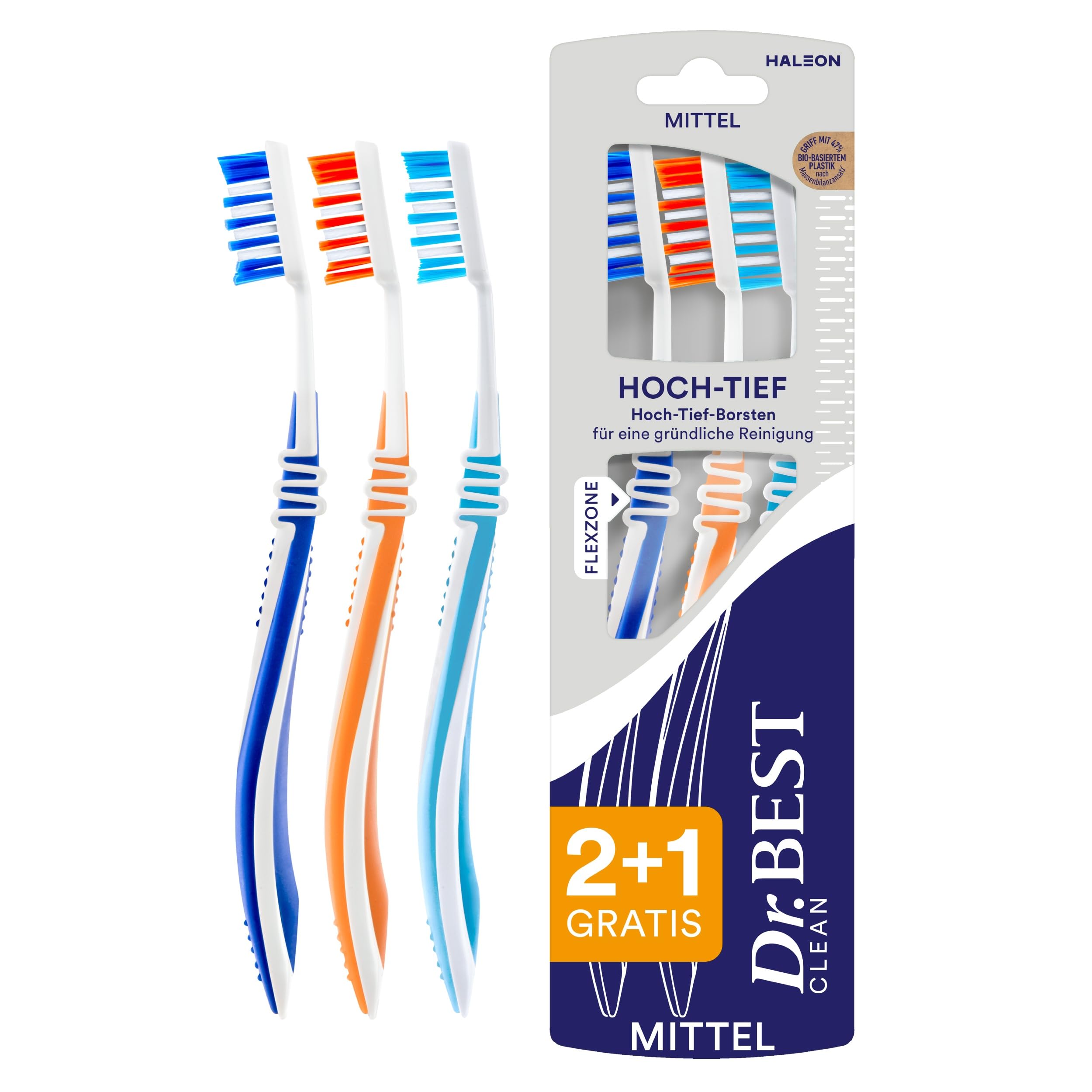 Dr.BEST Hoch-Tief Zahnbürste, Mittel, Vorteilspack (2 Stk. + 1 Stk. Gratis)