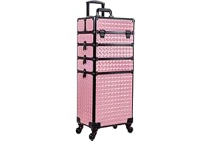 AROUS 5 in 1 Professional Makeup Train Case Aluminum Cosmetic Case Rolling Makeup Case Extra Large Trolley Makeup Travel Organizer, with 360° Swivel Wheels, Pink, JG0001
