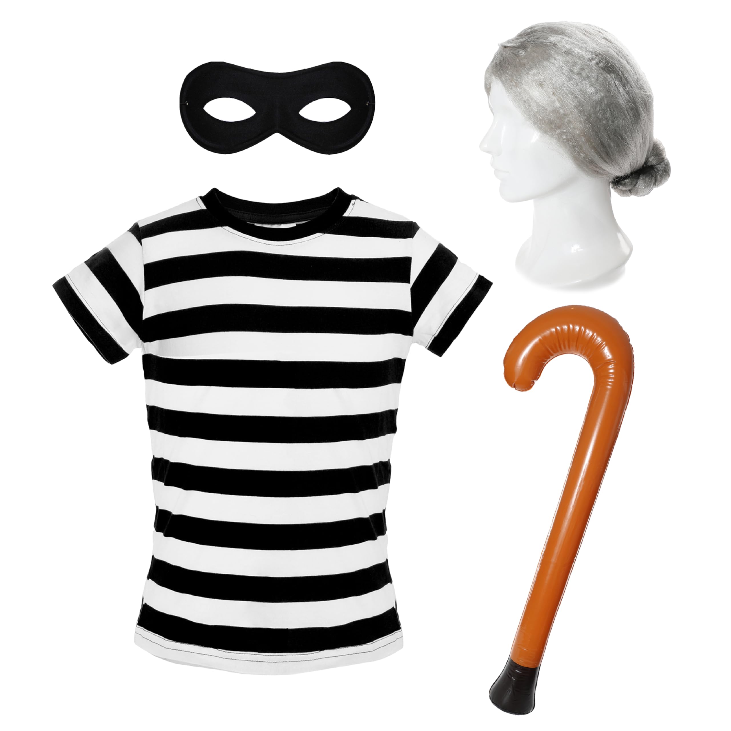 Adults Granny Burglar Fancy Dress Costume - Shirt Grey Bun Wig Inflatable Walking Stick Eye Mask Book Week Mens Womens - M