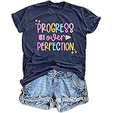 Teacher T-Shirt for Women Progress Over Perfection Graphic Shirt Inspirational School Teaching Tee Top