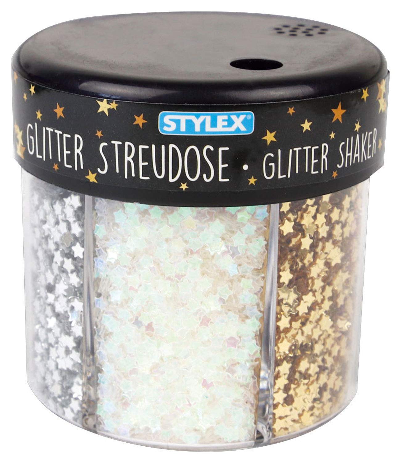 Stylex 23387 Glitter Shaker Decoration in a Practical Shaker Tin with Hearts and Stars in 6 Different Designs, for Crafts and Decorating