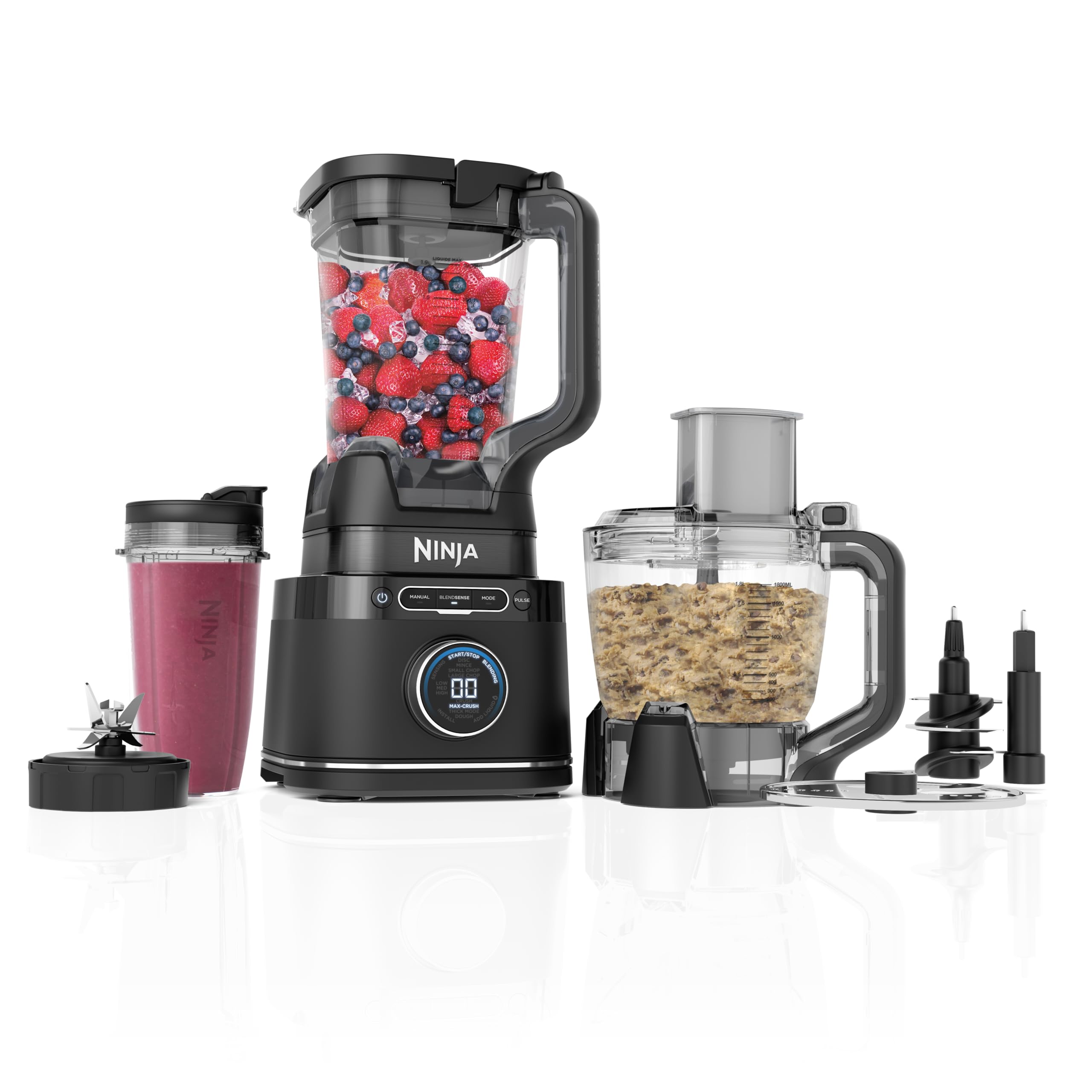 Ninja 3-in-1 Detect Power Blender Processor Pro, kraftvolle 1200W Küchenmaschine, Single Serve & Knethaken, 1x Single Serve Tasse, Krug, Teig, mischen & hacken, Schwarz, TB401EU