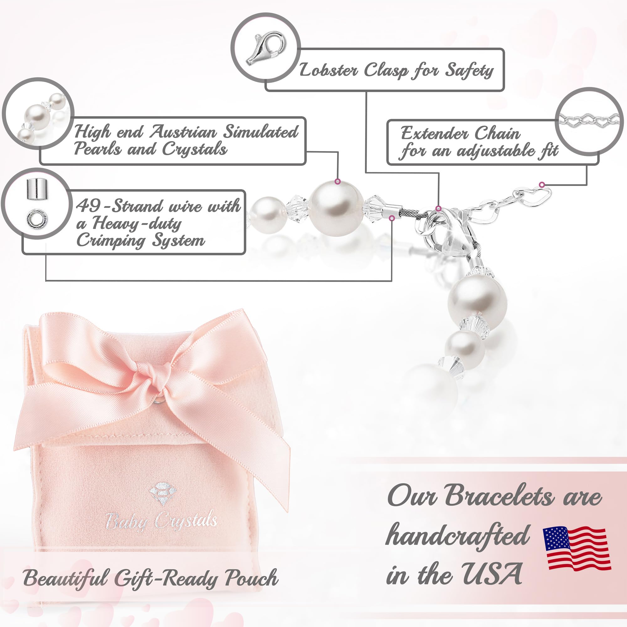 Baby Crystals Delicate Sterling Silver Bracelets for Girls with High End White European Simulated Pearls, Elegant Girls Jewelry, Pearl Bracelet for Birthday Gifts Flower Girls