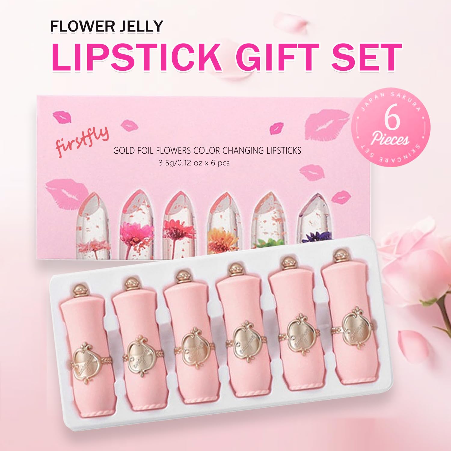 firstfly Pack of 6 Crystal Flower Jelly Lipstick, Long Lasting Nutritious Lip Balm Lips Moisturizer Magic Temperature Color Change Lip Gloss (Pink)