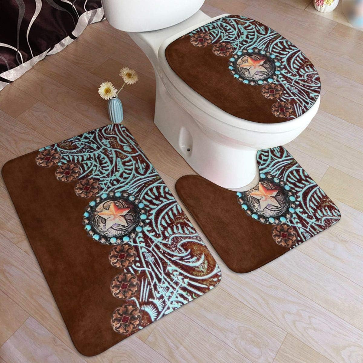 Amazon Com Houyan Bathroom Rugs Sets 3 Pieces Primitive Cowboy Western Country Brown Star Rustic Bath Mats Sets Rugs For Bathroom Washable U Shaped Contour Rug Mat And Lid Cover Home Kitchen