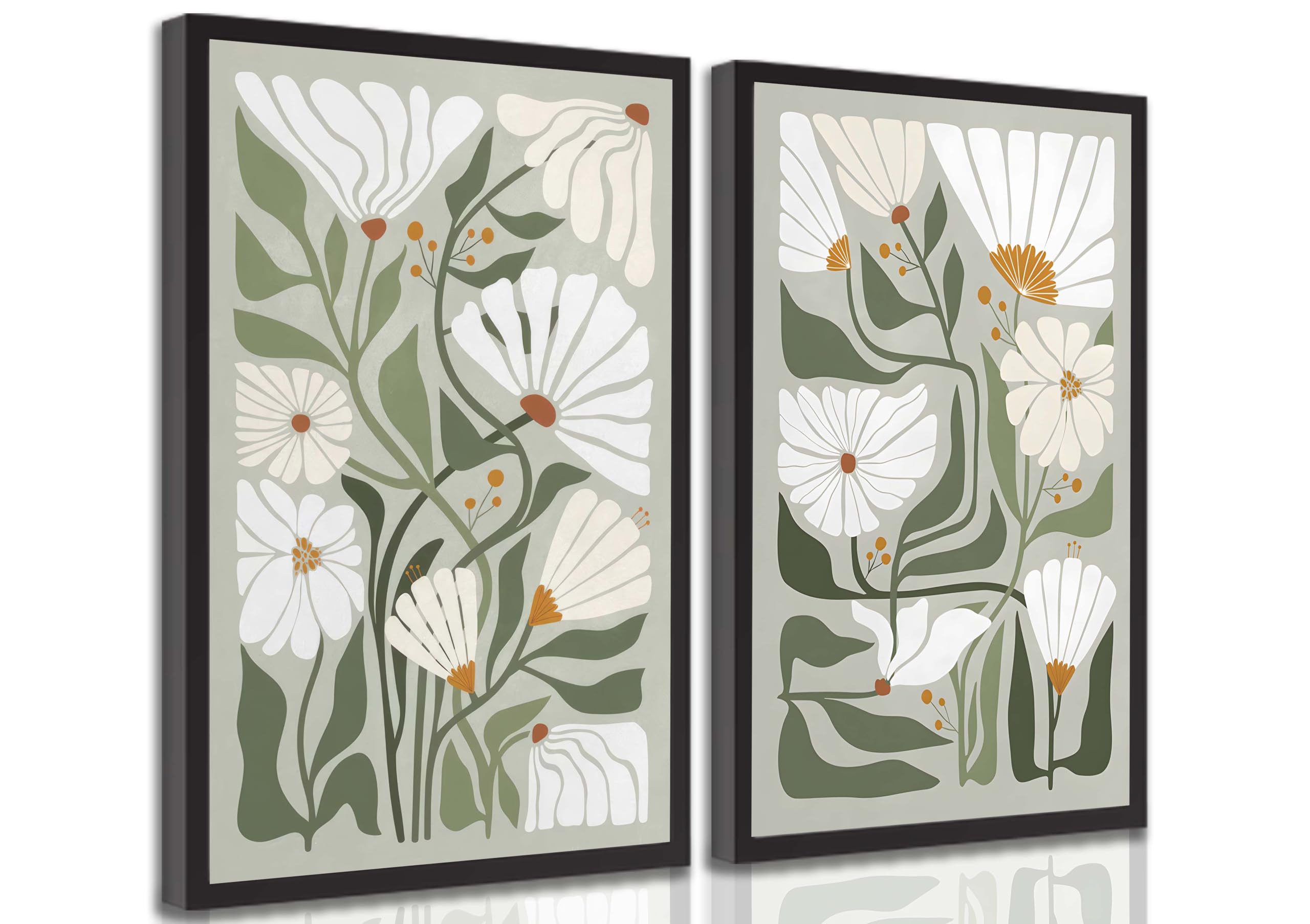 Photo 1 of 2 Pcs Boho Wildflowers Canvas Wall Art Green Bohemia Abstract Floral Botanical Painting Picture Wall Decor Poster Print Artwork for Living Room Bedroom Bathroom Home Decoration Unframed