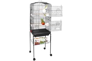 SUPER DEAL 59.3 Rolling Bird Cage Large Wrought Iron Cage for Cockatiel Sun Conure Parakeet Finch Budgie Lovebird Canary Medium Pet House with Rolling Stand & Storage Shelf