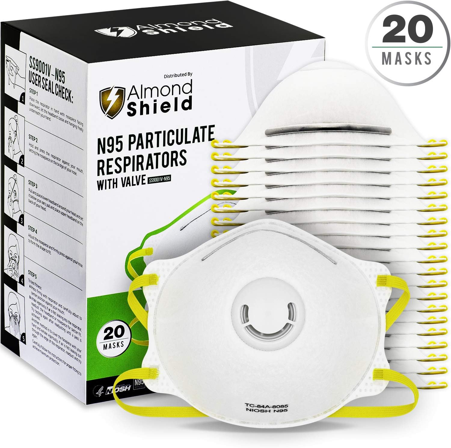AlmondShield Dust Mask Disposable with Valve (20pcs) – N95 Approved by U.S.A. NIOSH Particulate Respirator for construction, Painting, DIY, Smoke, Home, Emergency Kits, Personal Protective Equipment