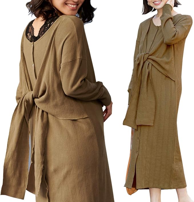 Amazon Co Jp Sweet Mommy マタニティ ワンピース 授乳服 前後2way ワッフル リボン サーマル カーデにもなる モカ M 服 ファッション小物