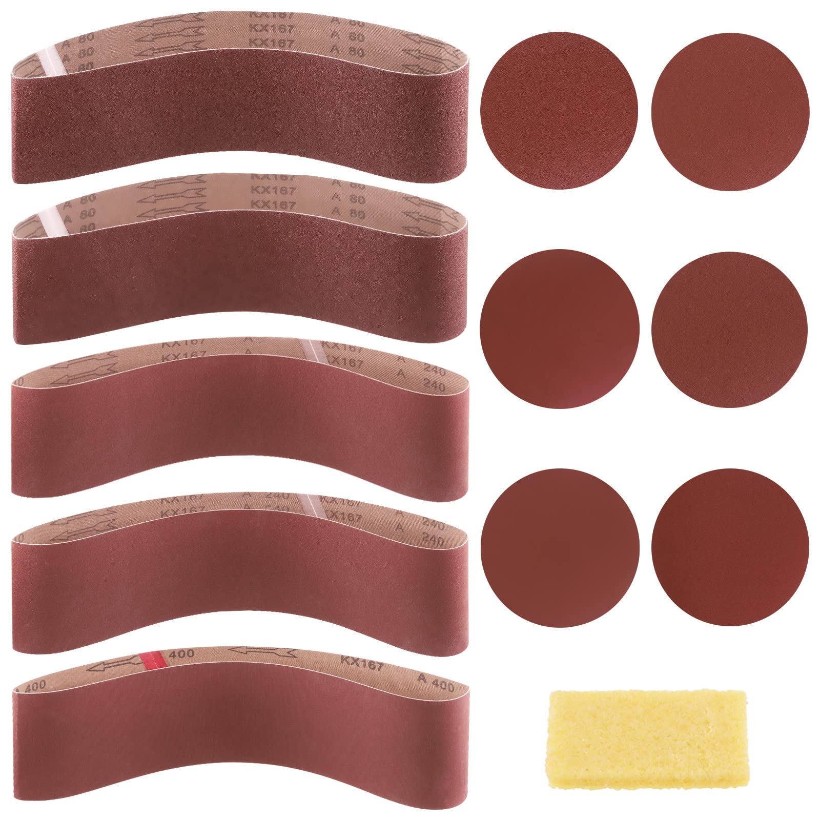 Swpeet 23Pcs 4 x 36 Inch Aluminum Oxide Sanding Belts (80/120/150/240/400 Grits) with 6 Inch No-Hole Back Flocking Sanding Disc (80/100/120/180/240/400 Grits) and Cleaning Eraser