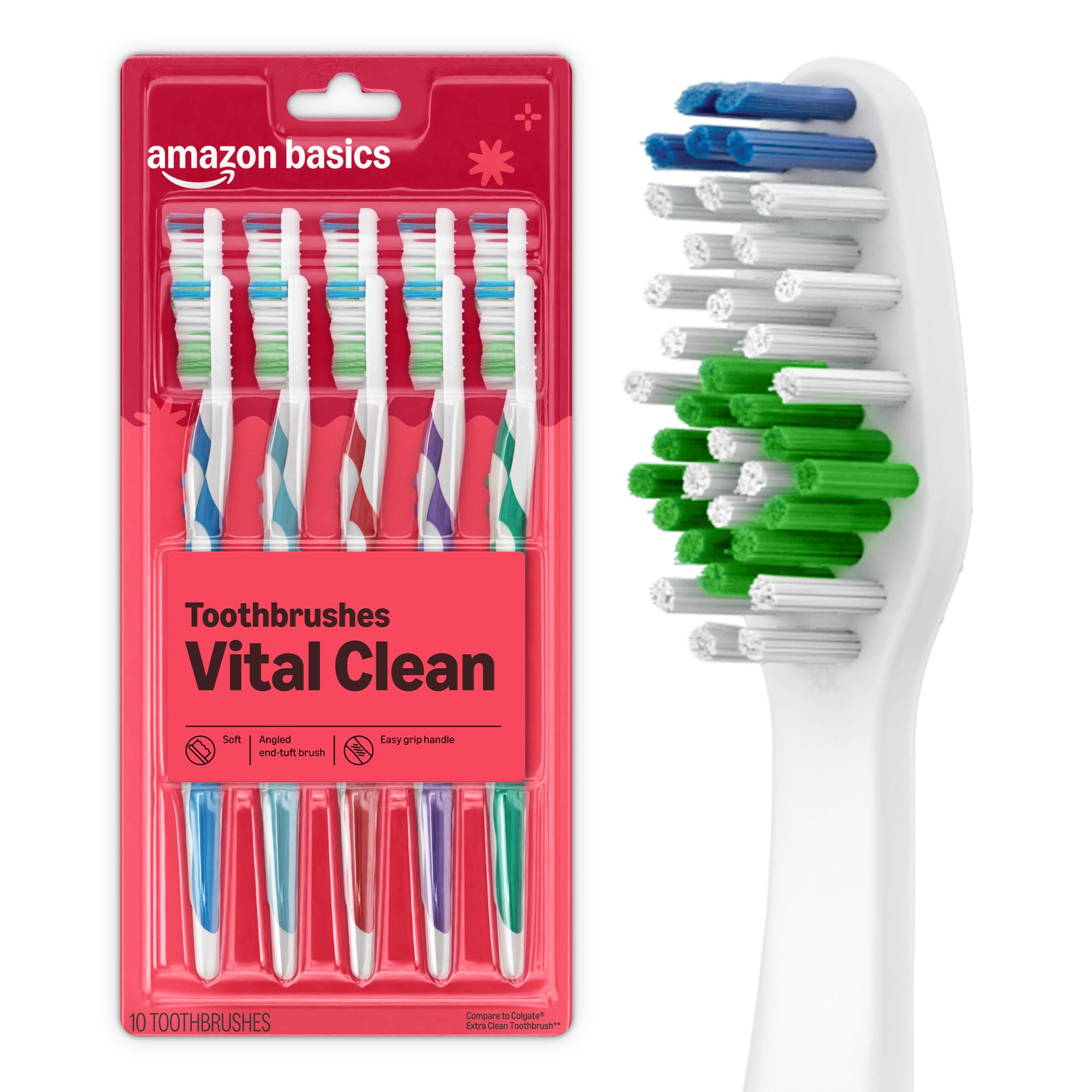 Amazon Basics Clean Plus Toothbrushes, Soft, Full, 10 Count, 1 Pack, Packaging May Vary