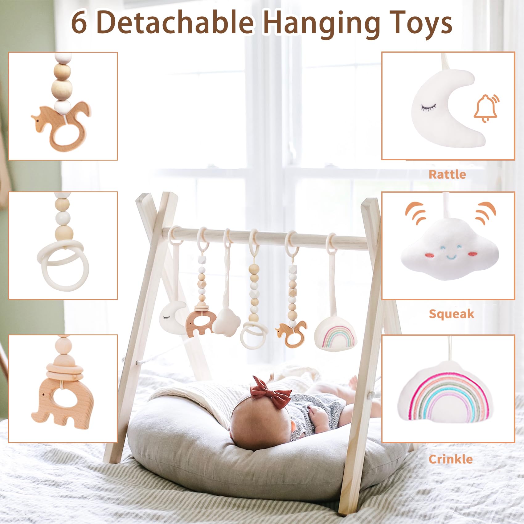 Wooden Baby Gym with 6 Gym Toys, Foldable Baby Play Gym, Natural Pine Wood Play Gym, Frame Activity Center Hanging Bar, Wooden Play Gym