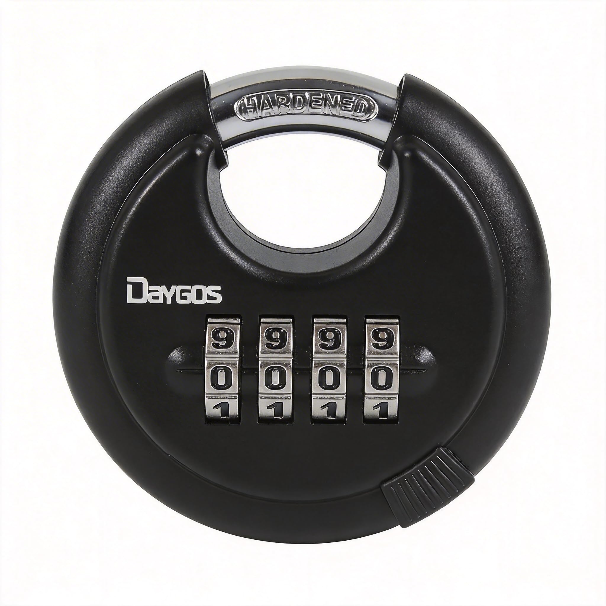 Photo 1 of **MISSING INSTRUCTIONS NO CODE TO UNLOCK***  DAYGOS Combination Disc Padlocks for Outdoor - Heavy Duty 4 Digit Code Lock, Combo Lock for Storage Unit,Gate,Fence,Trailer(3/8-in Shackle,1PCS,Black)