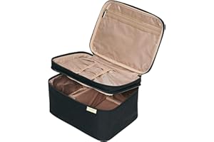 NISHEL Large Double Layer Travel Makeup Bag Women, Cosmetic Case, Organizer for Travel-Size Accessories Bottles, Brushes, Conditioner, and Skin Care Products, Black