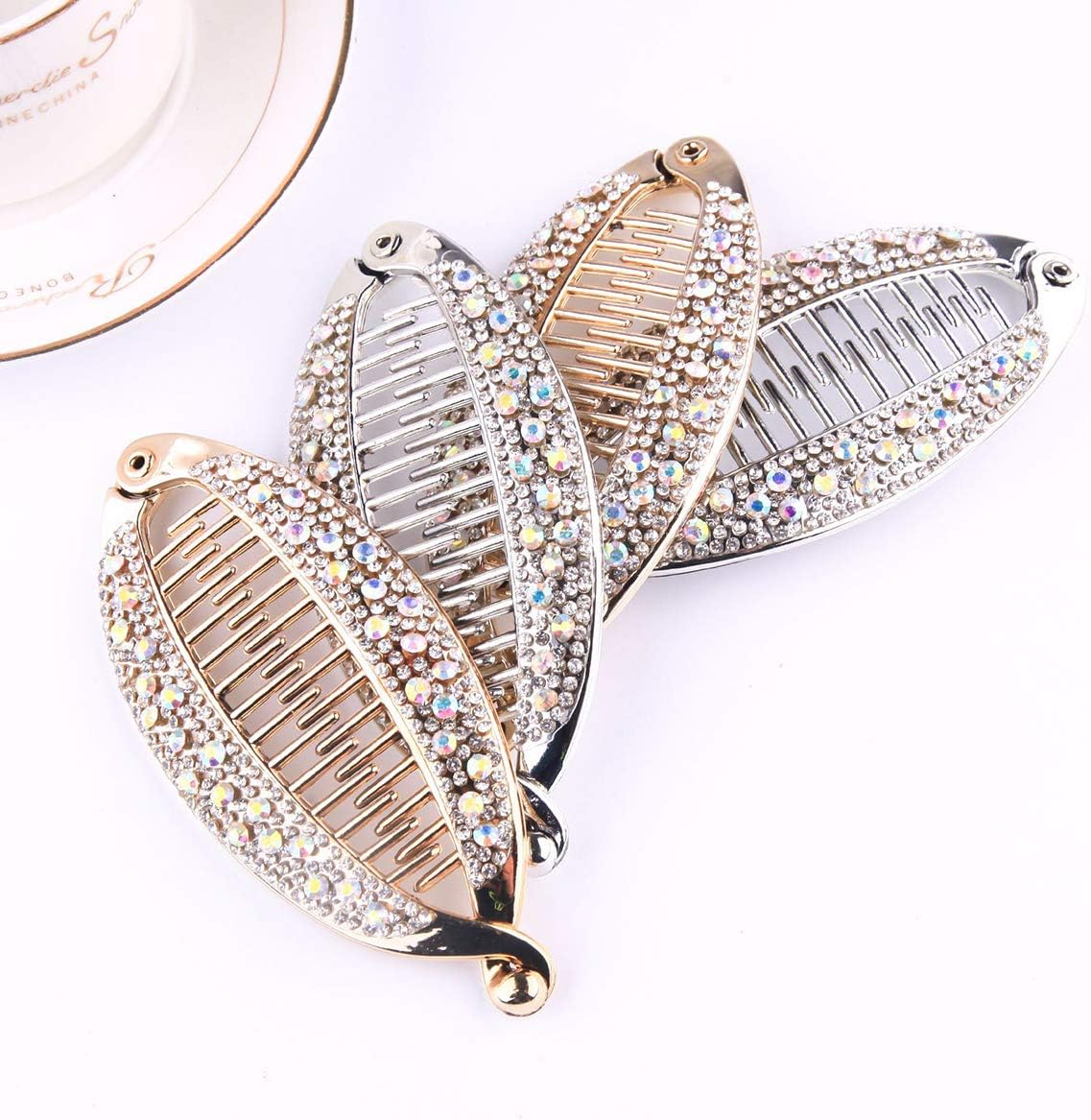 Lurrose 4pcs Banana Hair Clip Shiny Rhinestone Decor Ponytail Holder Clip Resin Stylish Hair Barretters for Women (Gold and Silver) - Image 3