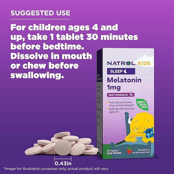 NATROL KIDS FAST DISSOLVE MELATONIN 1 MG, DIETARY SUPPLEMENT FOR RESTFUL SLEEP, SLEEP TABLETS FOR KIDS, 30 STRAWBERRY-FLAVORED MELATONIN TABLETS, 30 DAY SUPPLY