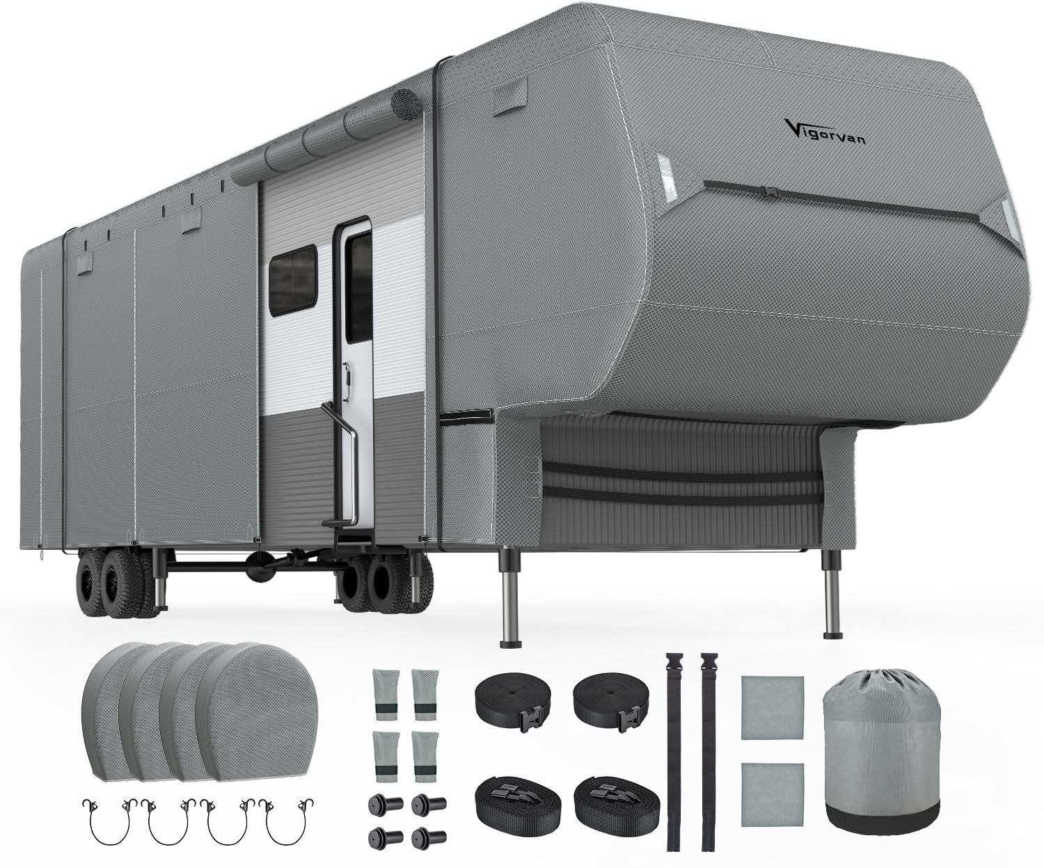Photo 1 of Vigorvan Upgraded 5th Wheel RV Cover, Thick 7 Layers Waterproof Top Fits 37'-40' Trailer, Anti-UV & Windproof Camper Cover with Tire Covers and Gutter Covers