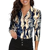 Soneven Womens Golf Polo Shirts 3/4 Long Sleeve V Neck Button Down Shirts Business Causal Work Blouses Tops