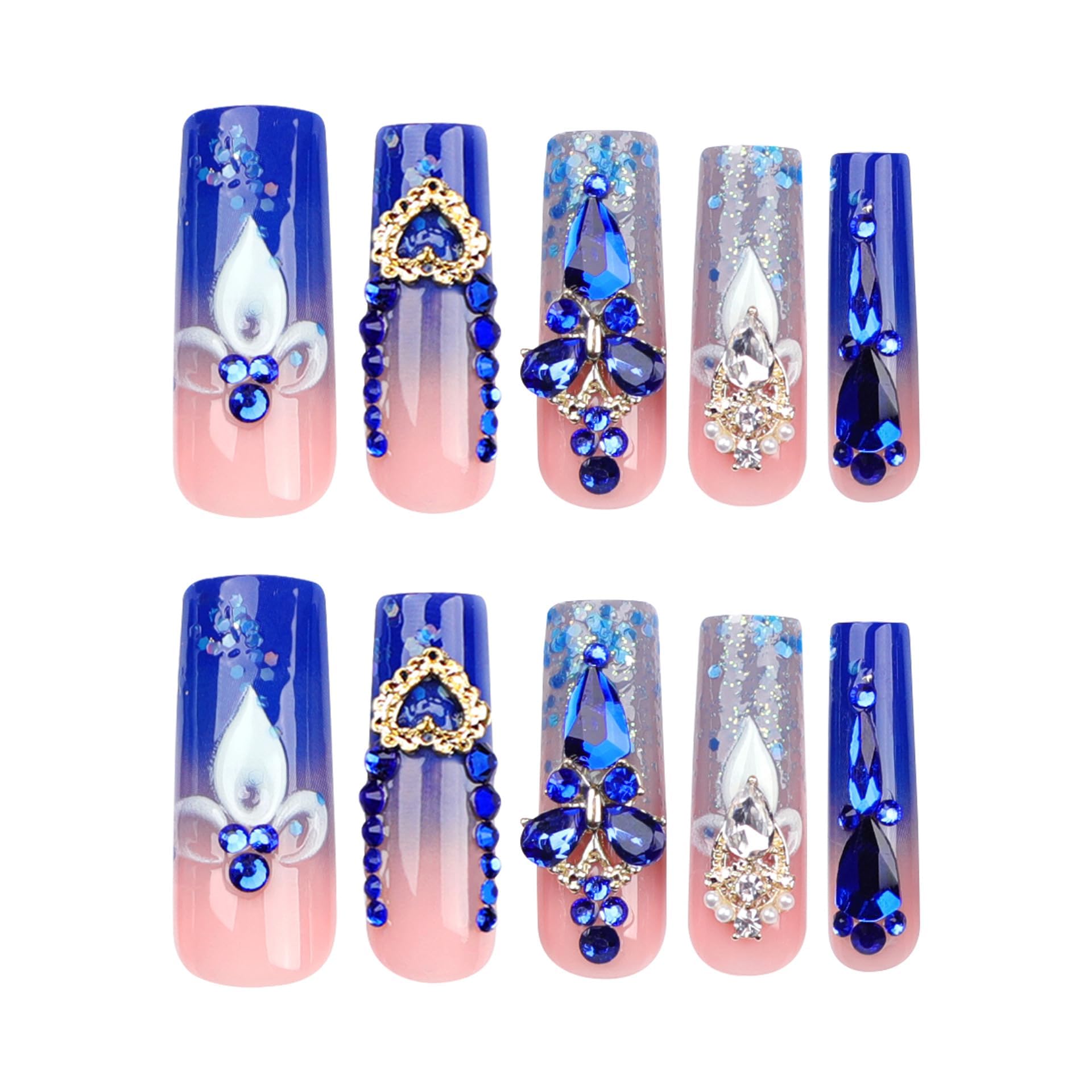 QQPPOLIU Royal Blue Press on Nails Long Length Square Shape Acrylic Fake Nails with Rhinestones Designs False Nails Mother'S Day Gift 24pcs - Image 5