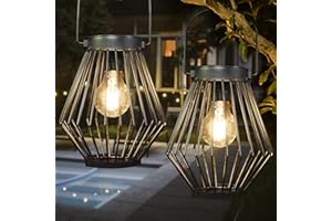 Kelvinlux Solar Lantern Outdoor Hanging 2PK, Solar Powered Metal Light with Handle, Waterproof Wireless Warm Retro Bulb Design Lamp for Yard Garden Patio Fence Porch Decor