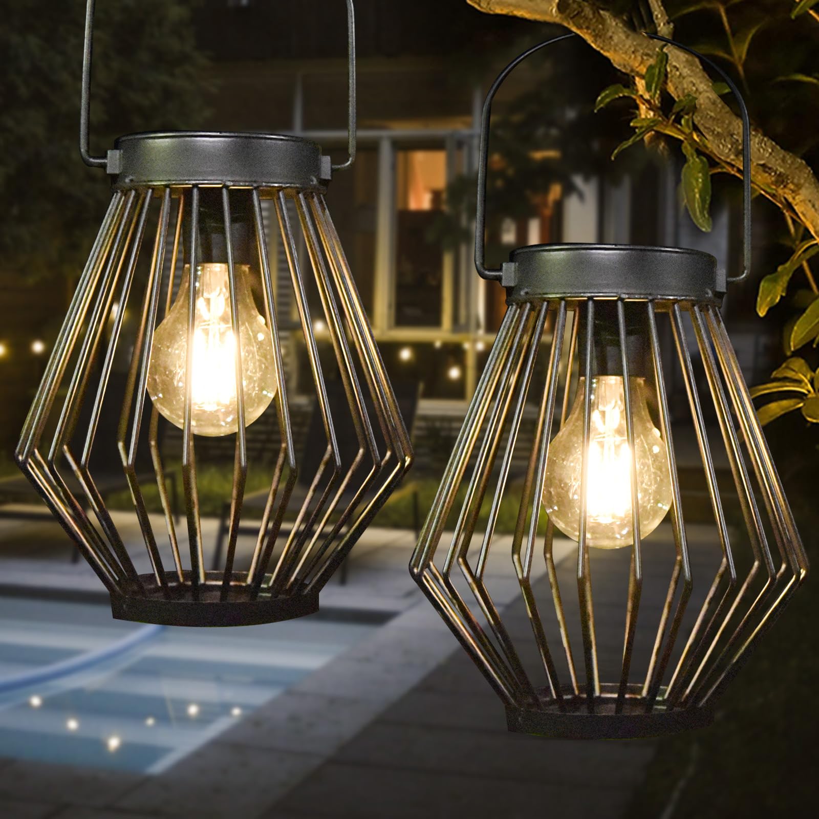 Photo 1 of Solar Lanterns Outdoor Waterproof, 2 Pack Metal Decorative Hanging Lantern Lights with Warm White LED Bulb, Solar Powered Patio, Yard & Garden Decor, Ideal for Housewarming & Christmas Gifts
