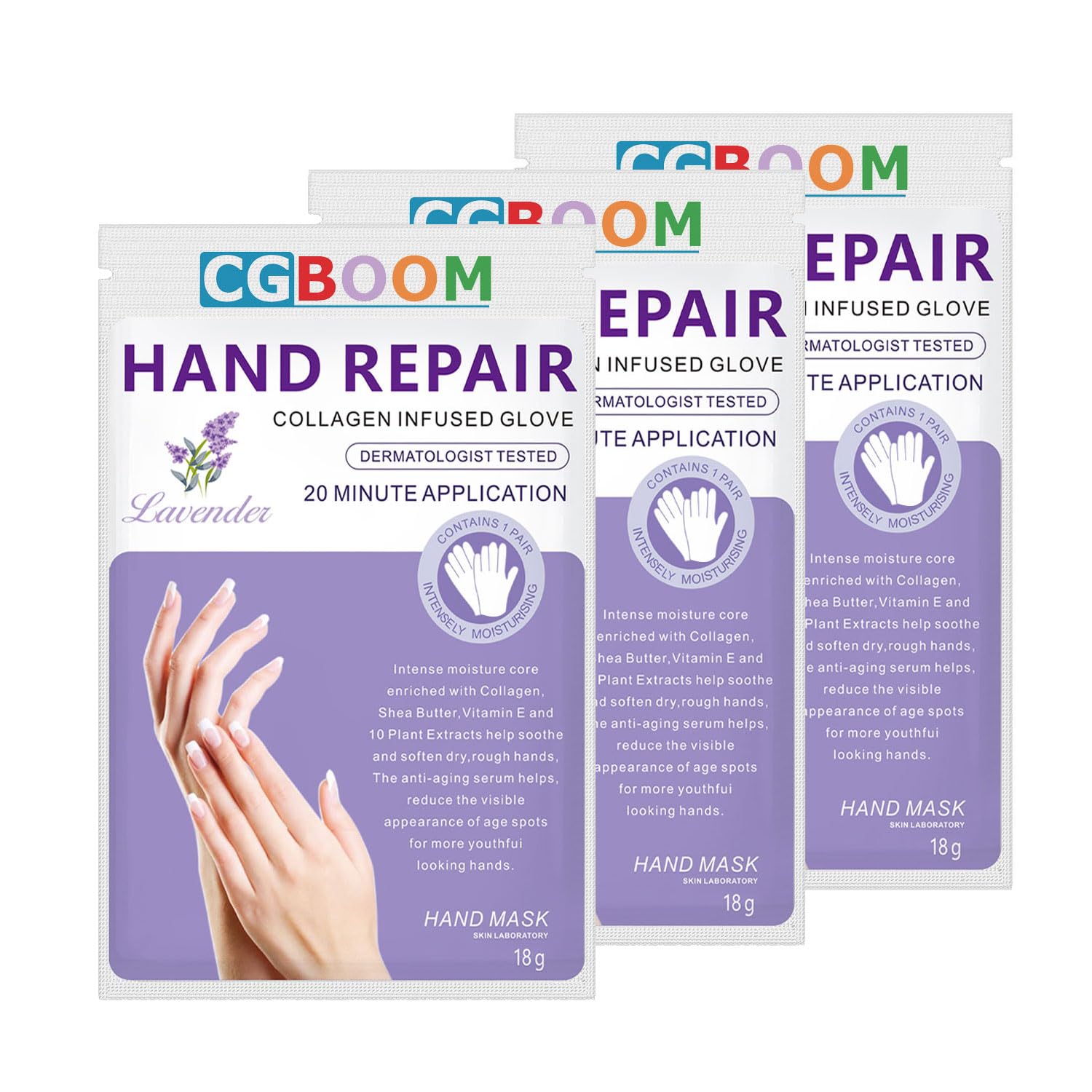 3 Pairs Hands Moisturizing Gloves, Hand Skin Repair Renew Mask w/Infused Collagen, Moisture Enhancing Gloves for Dry, Aging, Cracked Hands (Lavender)