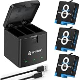 A Artman Battery 1500mAh for GoPro Hero 8/7/6/5 Black and 3-Channel Charger | 3 Pack Batteries with LED USB Charger Fully Compatible with GoPro Hero 8/7/6/5 Battery and Charger