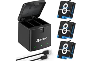 Artman Battery 1500mAh for GoPro Hero 8/7/6/5 Black and 3-Channel LED USB Charger Fully Compatible with GoPro Hero 8 7 6 Batt