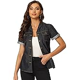 Allegra K Women's Denim Shirt Short Sleeve Button Down Notched Collar Western Pocket Classic Jean Shirt