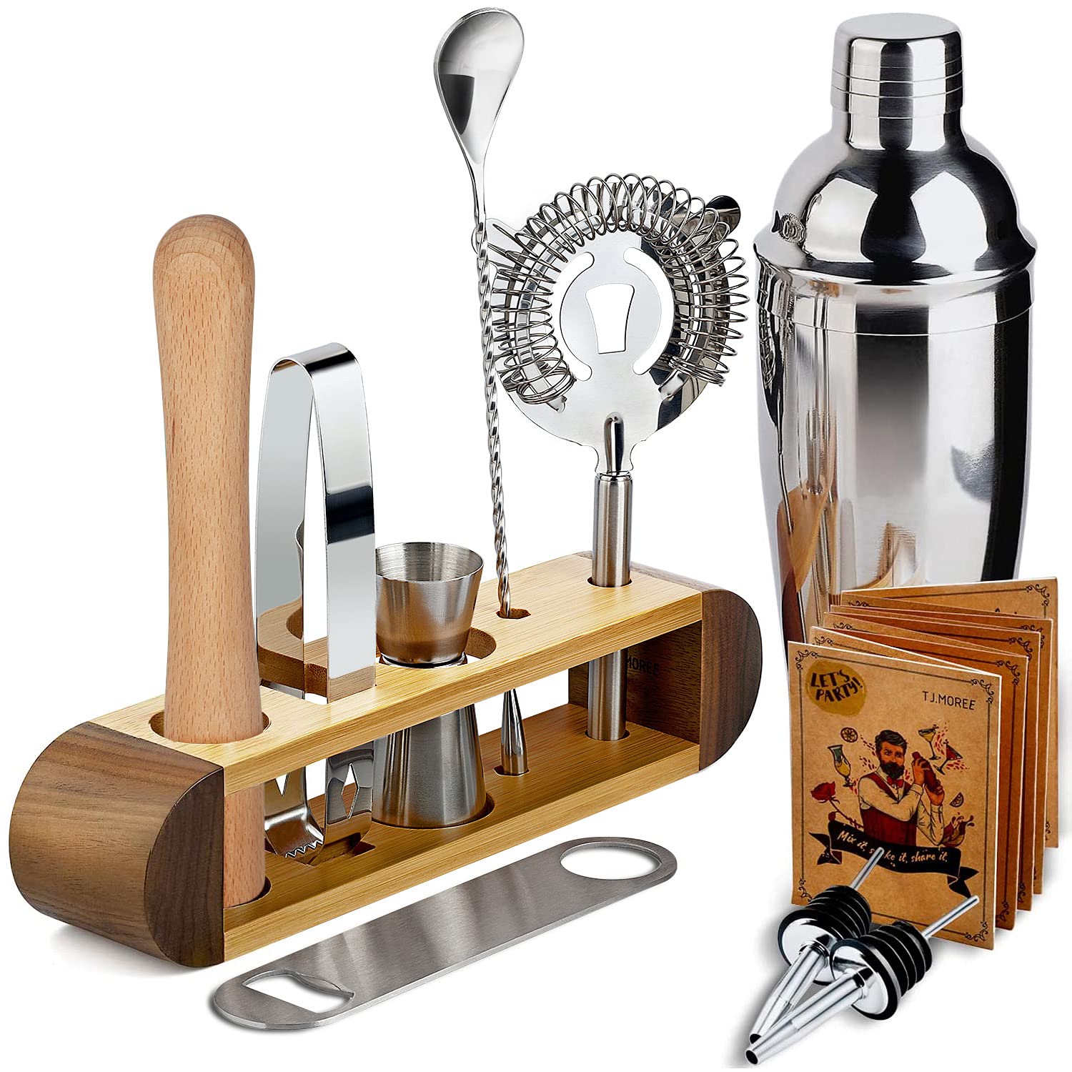 Cocktail Shaker Bartender Kit with Stand, 11-Piece Bar Tool Set Cocktail Set Perfect Home Bartender Set and Martini Shaker Set for Drink Mixing Experience (Bamboo-walnut)