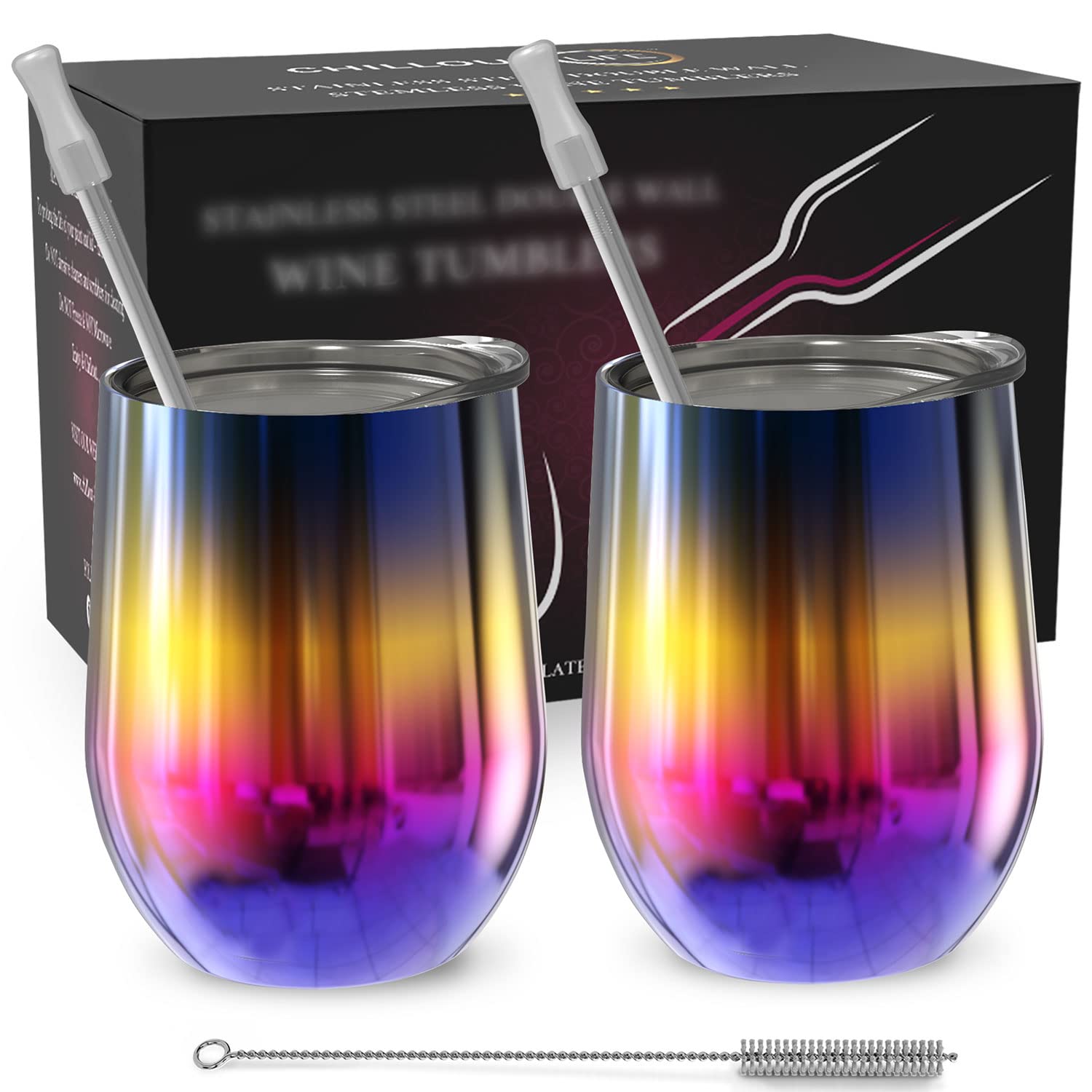 CHILLOUT LIFE Stainless Steel Wine Tumblers 2 Pack 12 oz - Double Wall Vacuum Insulated Wine Cups with Lids and Straws Set for Coffee, Wine, Cocktails (Rainbow) — image 1