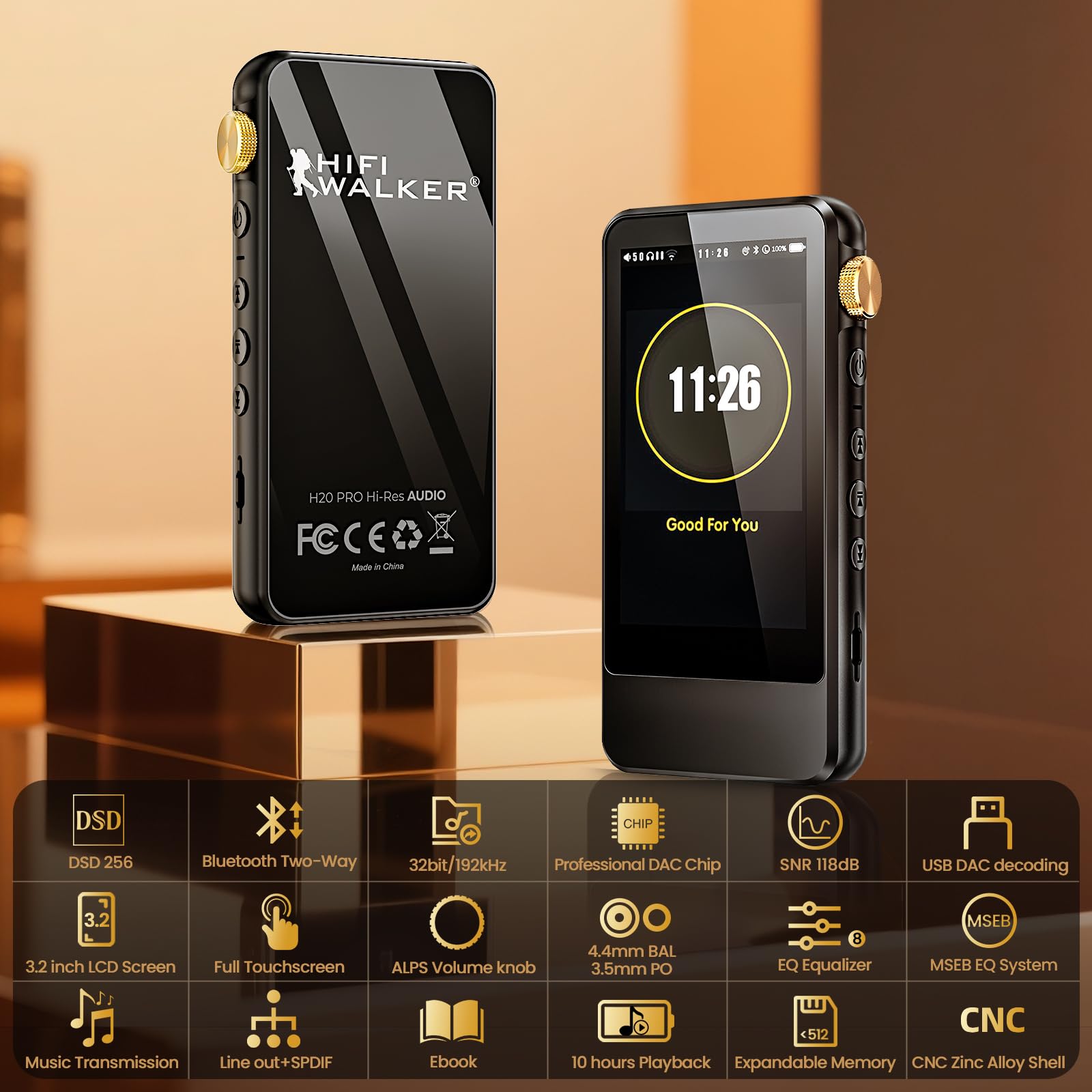 H20 Pro Hi-Res MP3 Player with Bluetooth, Dual DAC, 3.2