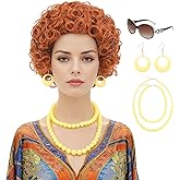 Bettecos Red Orange Curly Wig for Women Costume Short Reddish Orange Synthetic Hair Wigs with Yellow Beads Necklace, Earrings, Glasses for Adults Women’s Cosplay Halloween Party