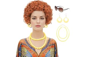 Bettecos Red Orange Curly Wig for Women Landlady Costume Short Reddish Orange Fluffy Synthetic Hair Wigs with Yellow Beads Ne